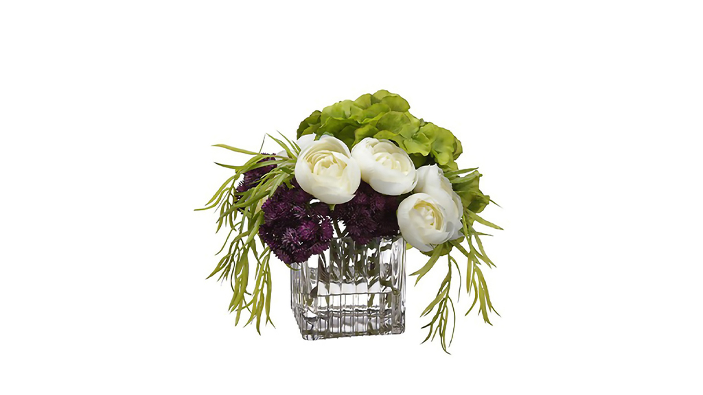 ARREGLO FLORAL HYDRANGEA SEDUM RANUNCULUS - WHITE EGGPLANT 8 PULG